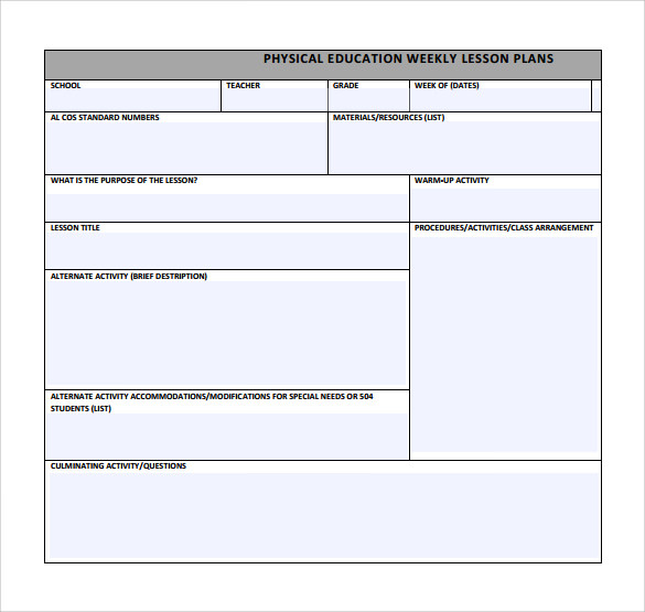 middle school physical education lesson plan template