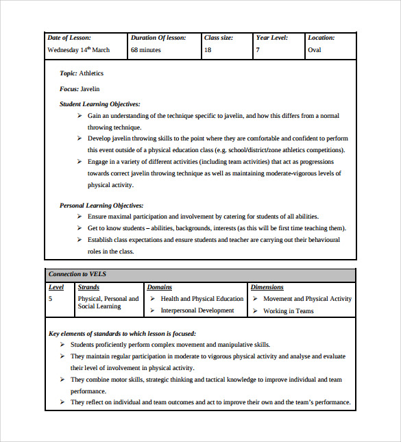 physical education lesson plan template download