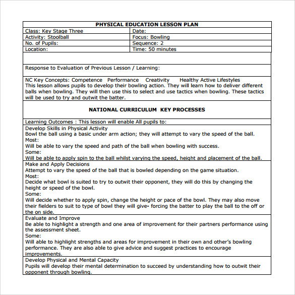 physical education lesson plan template example