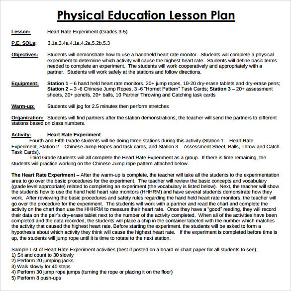 physical education lesson plan template print