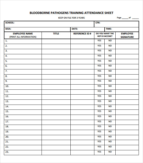 sample training sign in sheet format