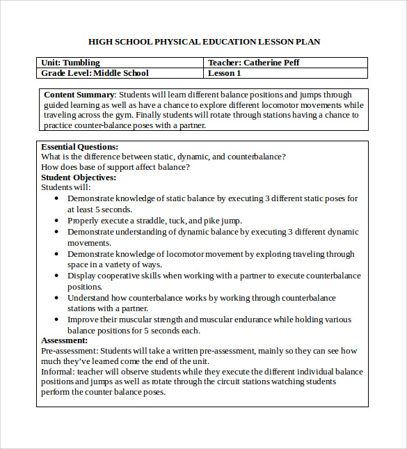 physical education lesson plans for high school pdf