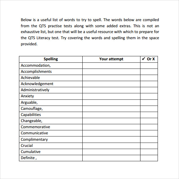spelling test template pdf