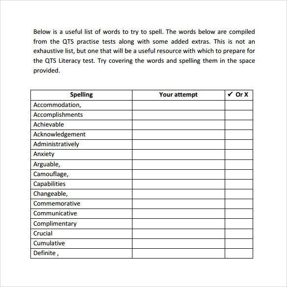 Spelling Test Template 10 Words Pdf