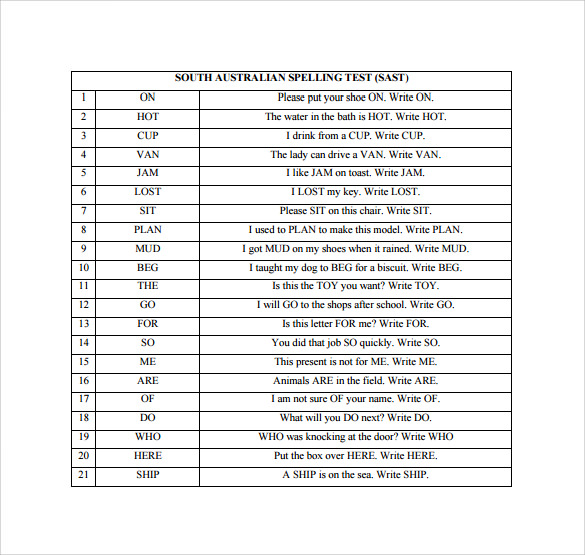 spelling test template download