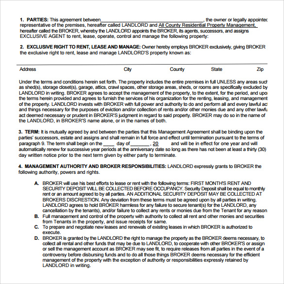 property rental management agreement template