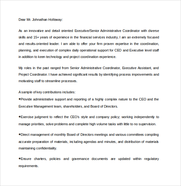 Sample Executive Assistant Cover Letter - 9+ Download Free Documents ...