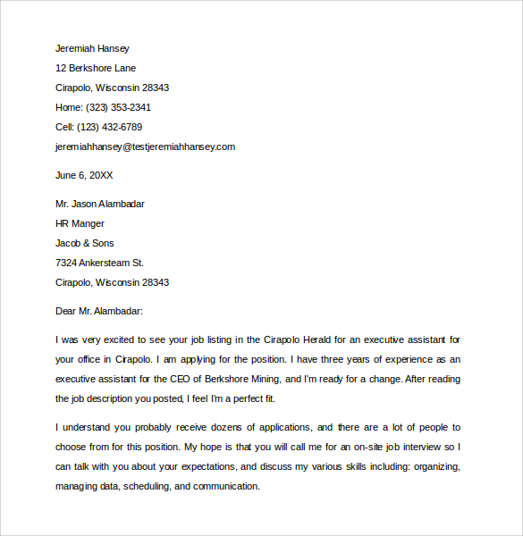 cover letter sample for executive assistant