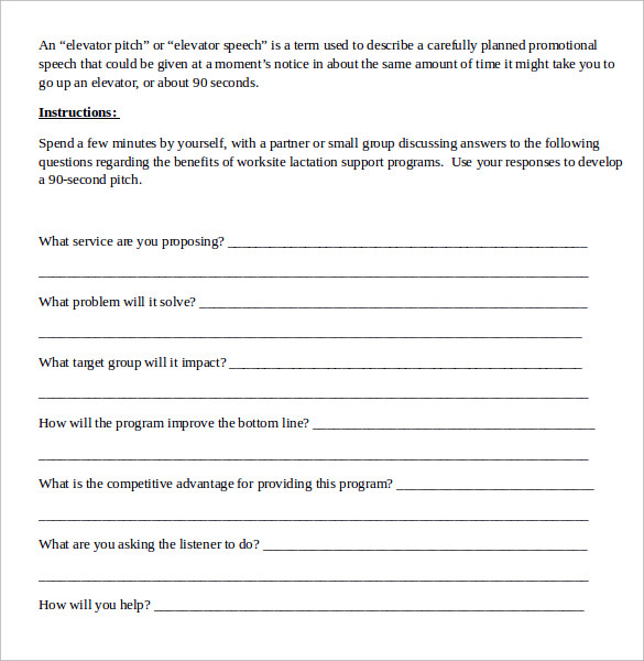 speech builder sheet Sample Pitch Elevator Documents 11 Free    PDF Template in