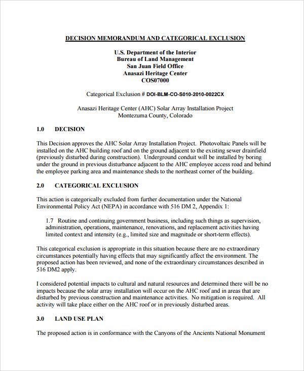 categorical exclusion and decision memo