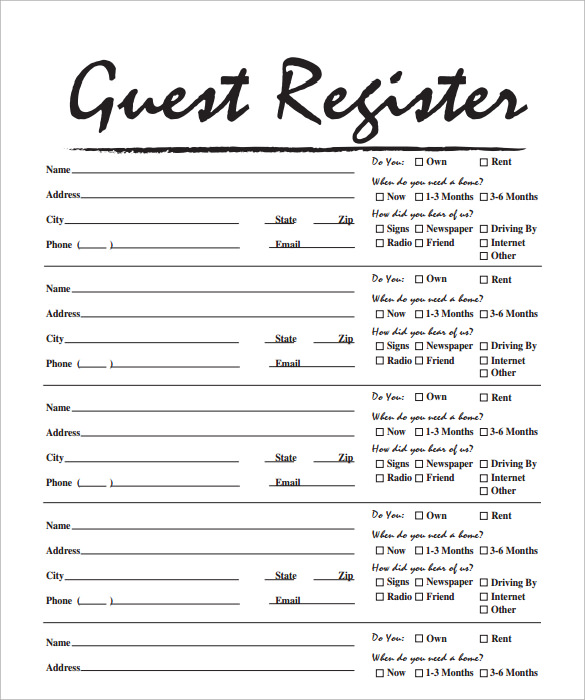 sample free guest house sign in sheet