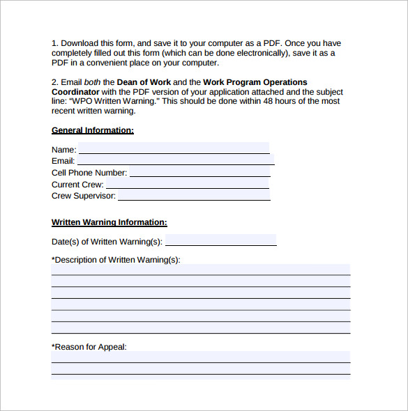 written warning appeals form