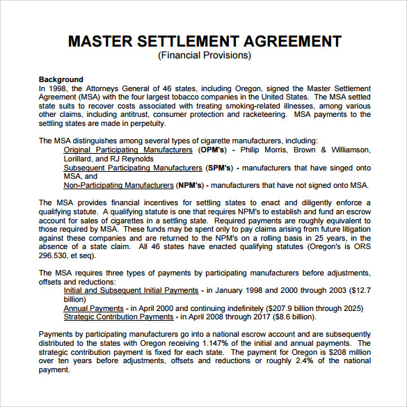 sample pdf master settlement agreement