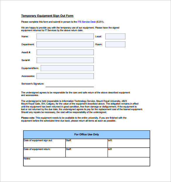 temporary equipment sign out form