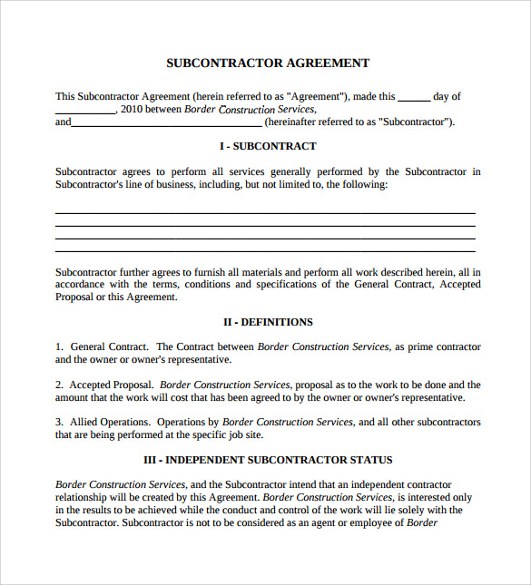 construction subcontractor agreement