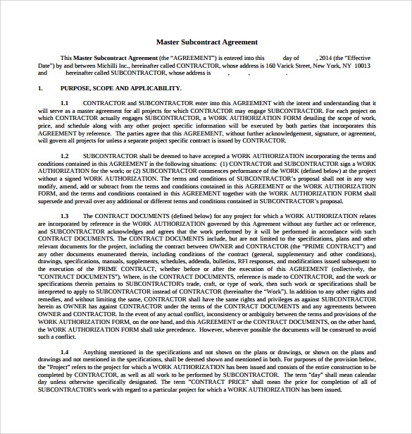free download subcontractor agreement