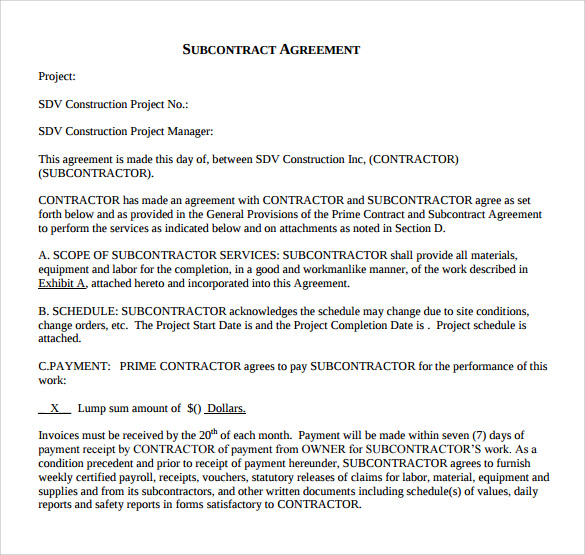 subcontractor agreement short form