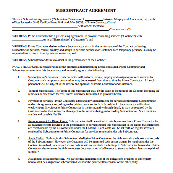 FREE 15  Sample Subcontractor Agreement Templates in PDF MS Word Excel