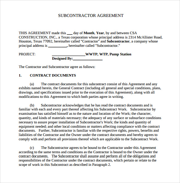 FREE 15+ Sample Subcontractor Agreement Templates in PDF MS Word Excel