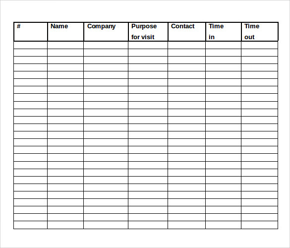 Visitor Sign In Sheet Excel