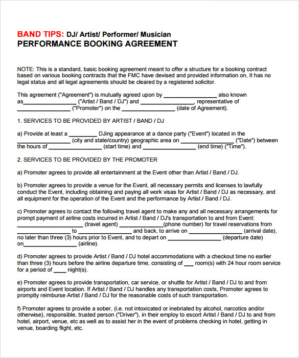 sample artist contract performance