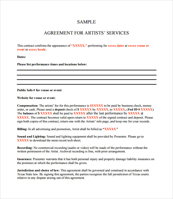 sample artist service contract template 