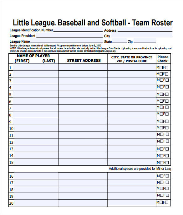 Baseball Roster Template HQ Printable Documents