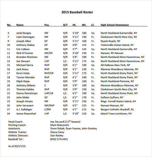 FREE 10 Sample Baseball Roster Templates In PDF