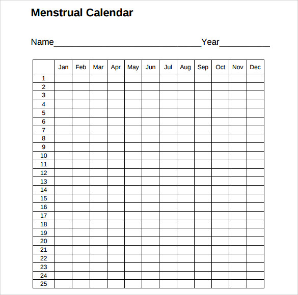 sample menstrual calendar template