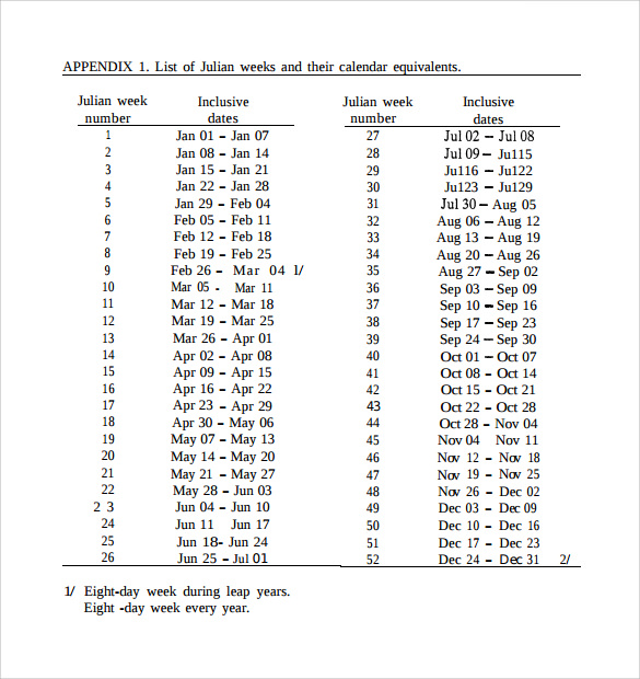 11 Sample Julian Calendar Templates To Download For Free Sample Templates