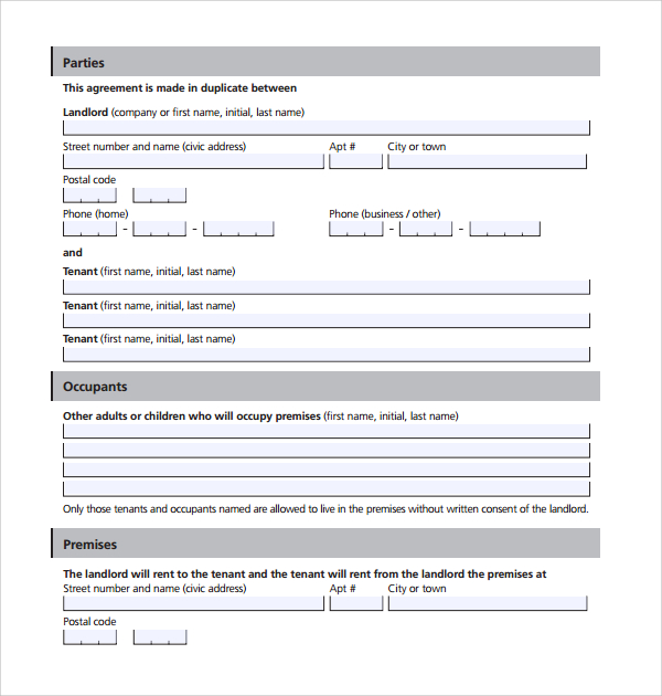 sample tenant lease form