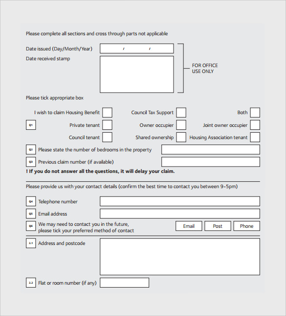 housing benefit form template