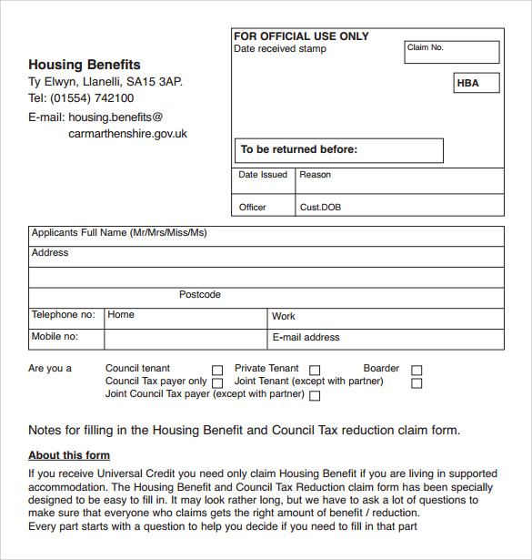 housing benefit form download