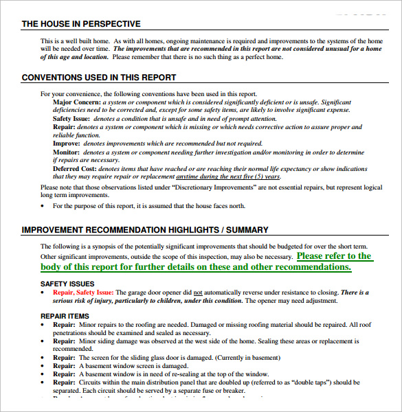 home inspection report sample