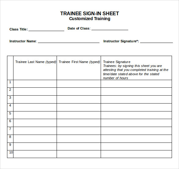 training sign in sheet word
