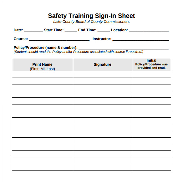 training safety sign in sheet