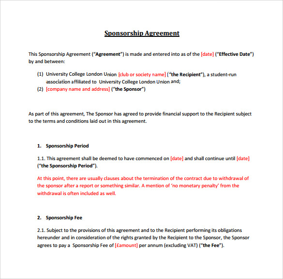 letter agreement understanding Agreement in Word 15 Sponsorship Sample  Documents  PDF,