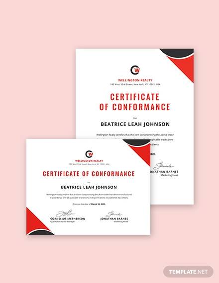 certificate of conformance template