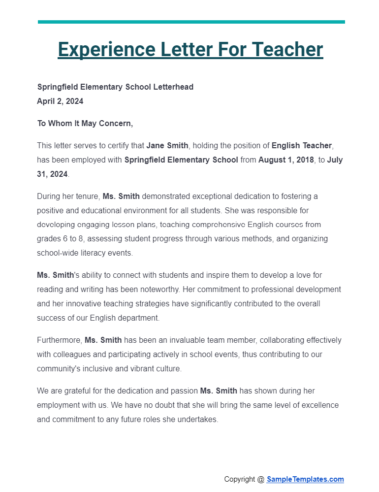 experience letter for teacher