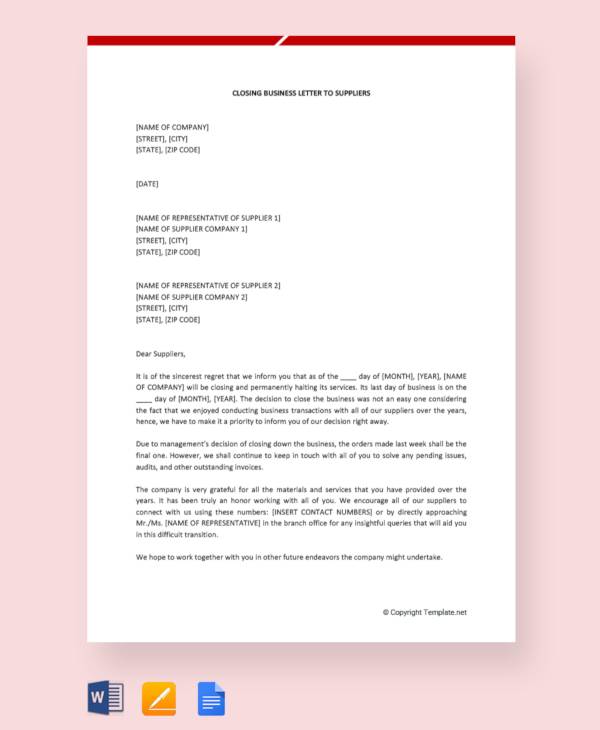 free closing business letter to suppliers