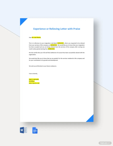 free experience or relieving letter with praise template