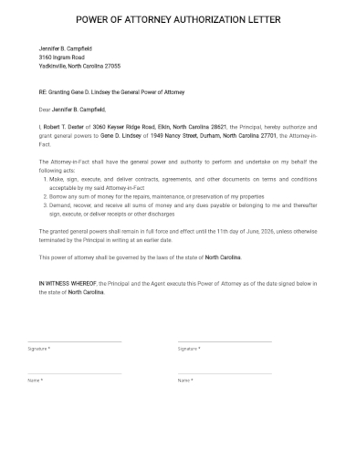 free power of attorney authorization letter template