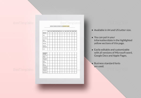 income statement monthly template