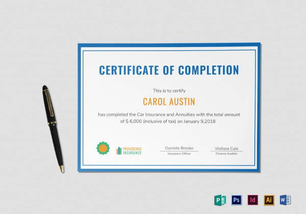 insurance completion certificate template