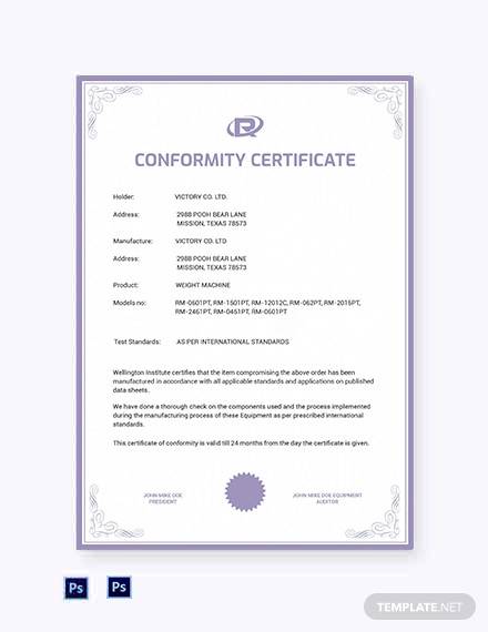 printable conformance certificate template