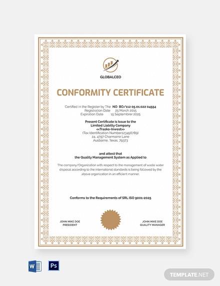 Certificate Of Conformity Template Free