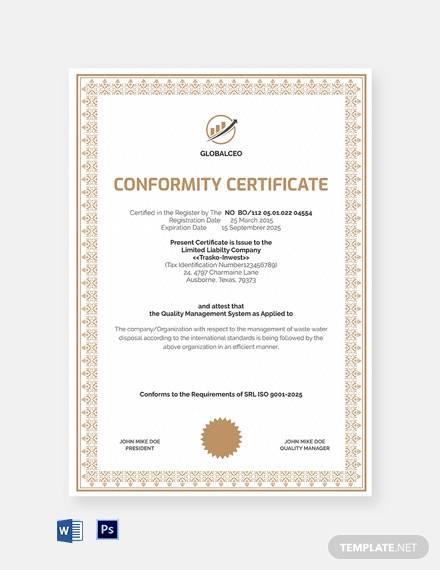 quality system conformance certificate