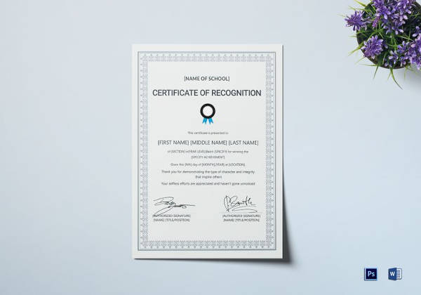 school certificate of recognition template in word