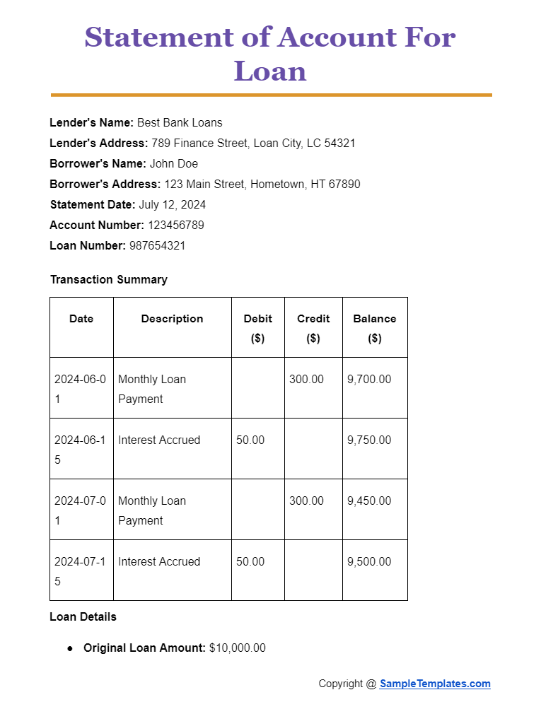 statement of account for loan