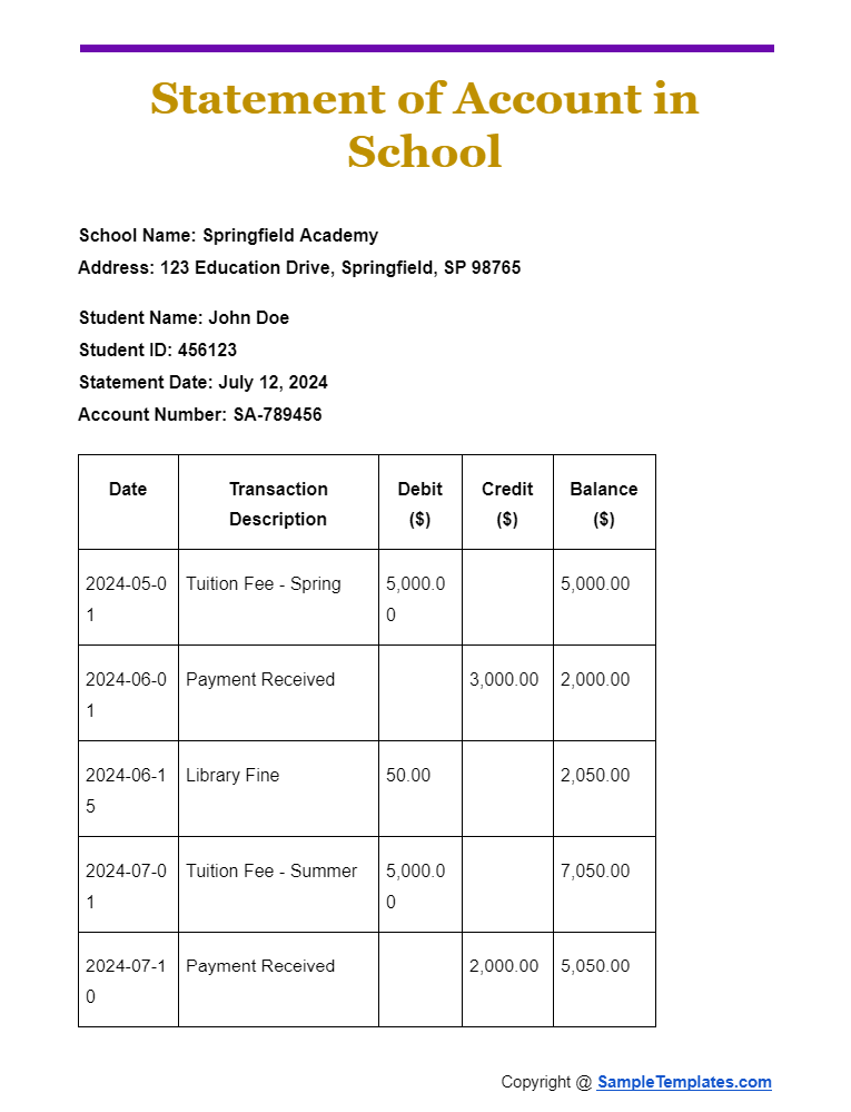 statement of account in school